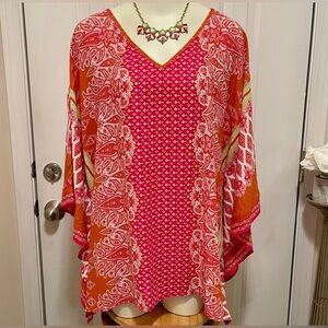 BELLE BY KIM GRAVEL Women's Red and Orange Patterned PONCHO 1X WOMEN PLUS SIZE
